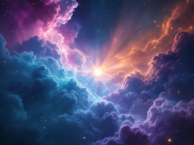 a light breaking through a colorful group of clouds