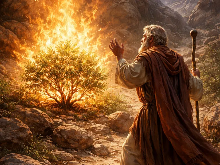 a man wearing Bible-times apparel approaching a burning bush