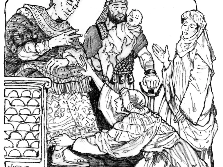 The two mothers’ reactions were worlds apart. The first mother pleaded with Solomon: “O my lord, give her the living child, and by no means kill him!” Illustration of Solomon with the two women and baby.