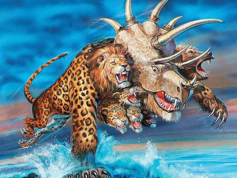 This end-time alliance of nations is introduced as ”a beast rising out of the sea, having seven heads and ten horns, and on his horns ten crowns, and on his heads a blasphemous name.” Artist illustration of the beast mentioned in Revelation 13.
