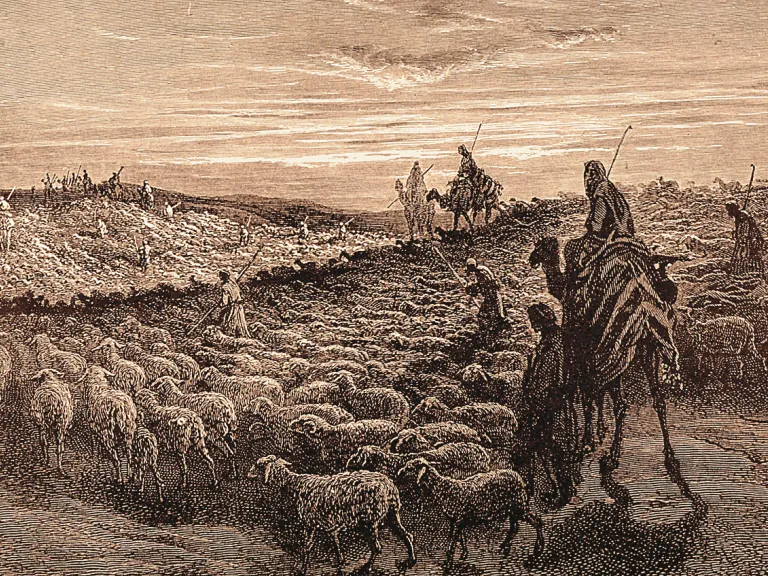 An artist's rendition of Abraham with a flock of sheep.