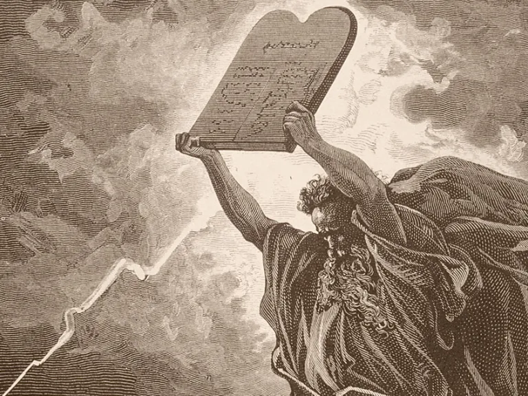 Artist illustration of Moses holding the Ten Commandments