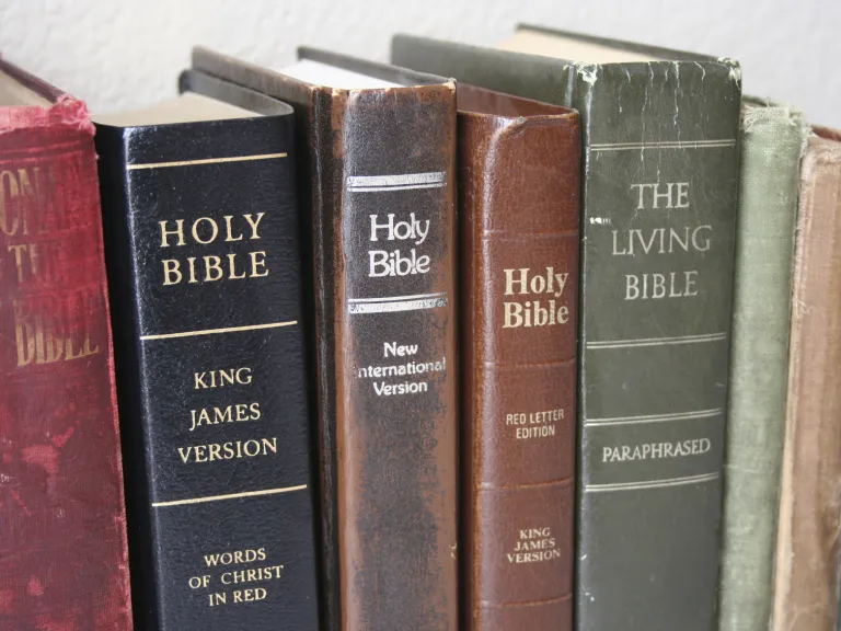 More than 60 English-language versions are available. Which of these many versions is best for reading and studying the Bible? Various Bibles on a shelf.