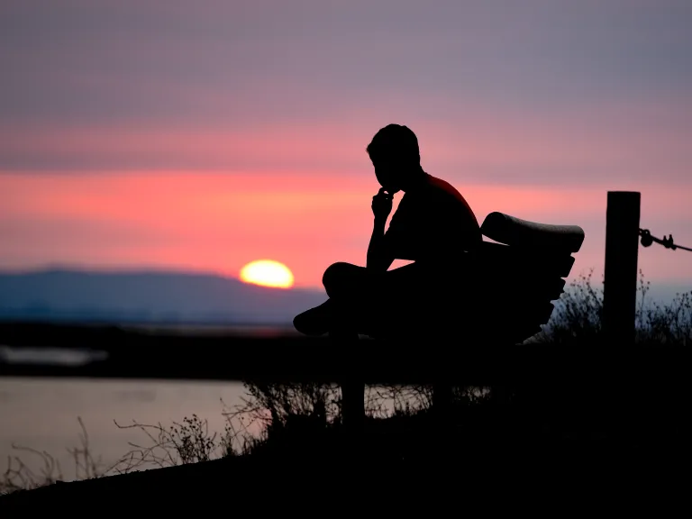 A person sitting on a bench with the sun setting.