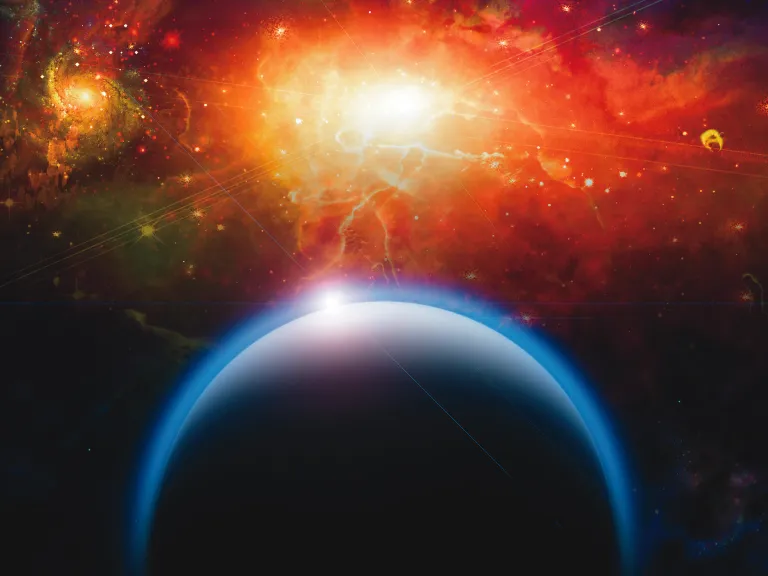 The angels’ beginning was far back in time, before mankind was created—before the earth was even formed. A photograph and artist illustration of a planet and starscape.