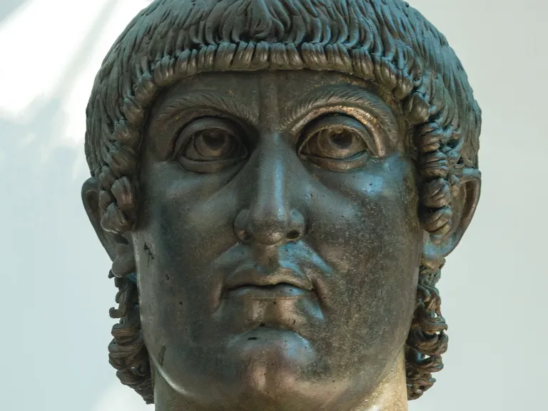 A colossal bronze bust of Roman Emperor Constantine the Great, who legalized a very different form of Christianity in his empire.