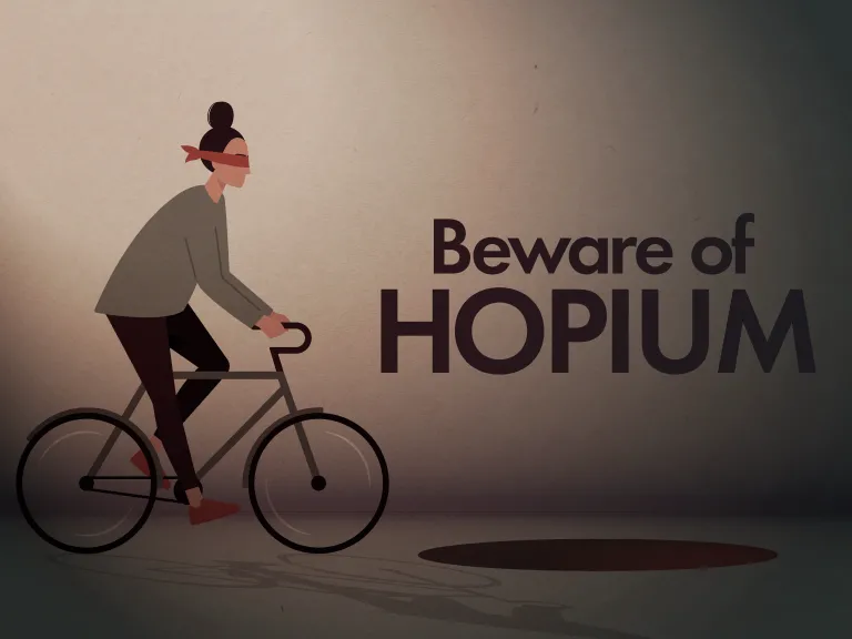 Artistic illustration of blindfolded woman on a bicycle headed for a hole in the ground
