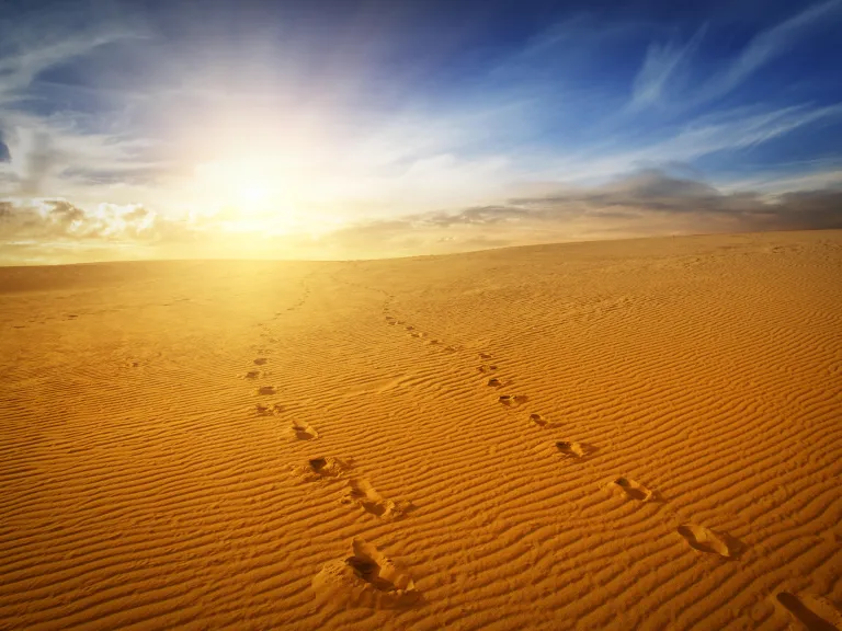 Faithfully learn to walk with God in these times of trouble. Footprints in the sand.