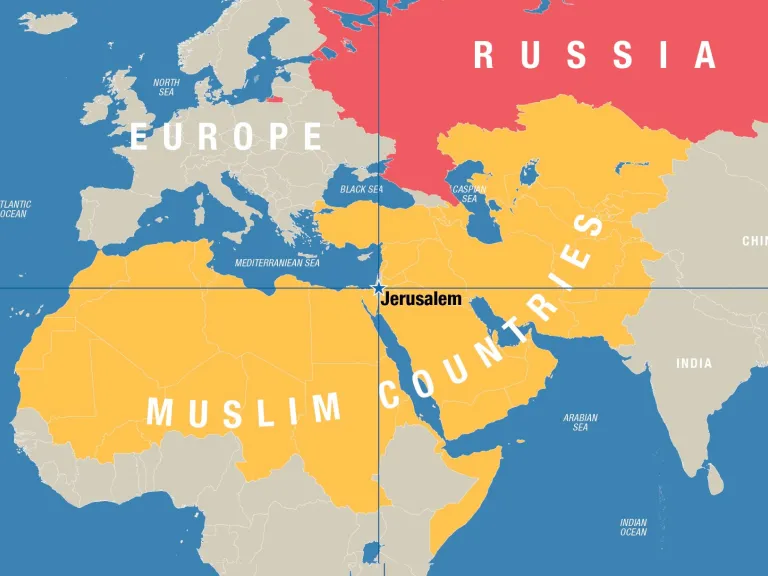 Any European-led invasion of the Holy Land, as foretold in this prophecy, would be viewed by Muslims in these regions as another “Crusade” against Islam. Map of Europe, North Africa, Asia with Jerusalem as the center point.