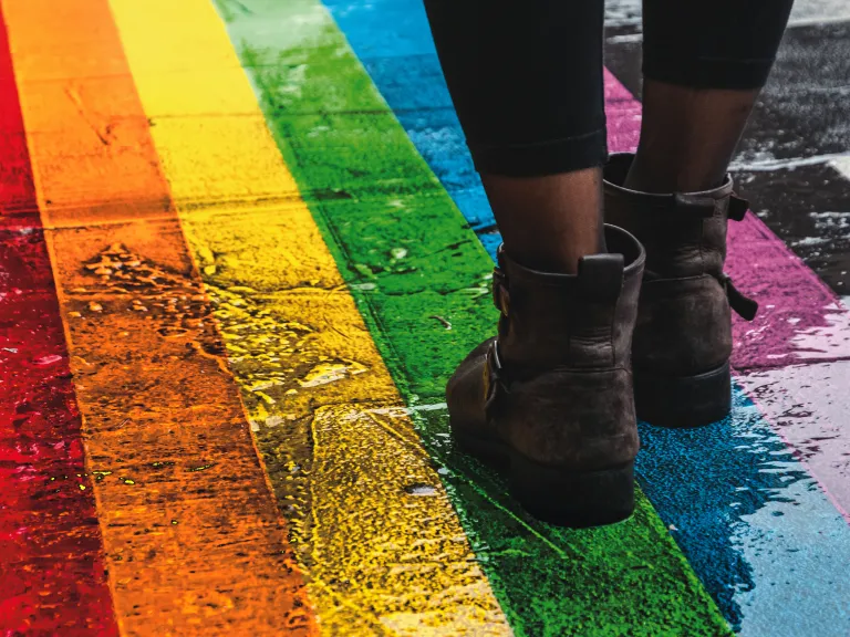 Although seldom discussed, it is well documented that LBGTQ people live with much higher risks of physical and mental health problems than the general population. Pride flag color painted on a sidewalk.