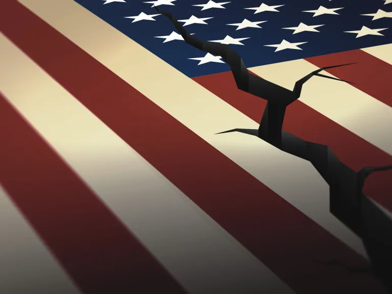 A artist illustration of a crack going through the American flag.