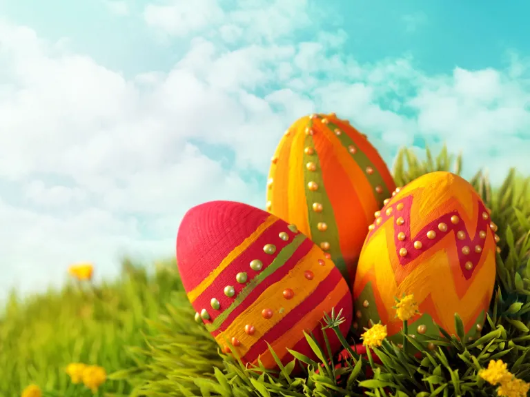Decorative eggs in grass.