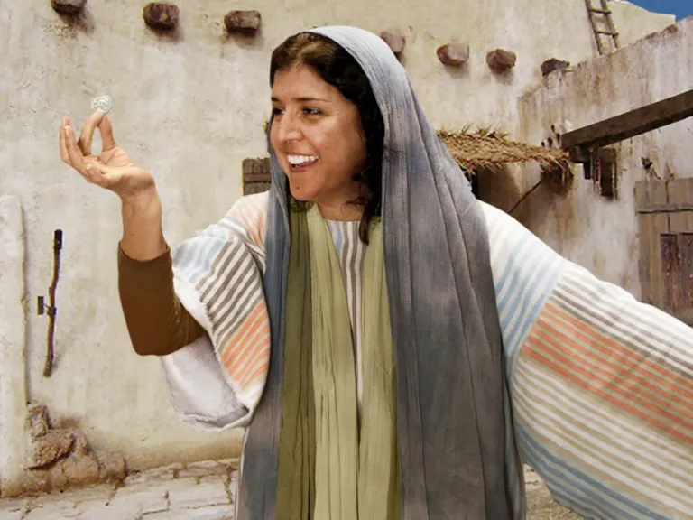 The woman in Jesus’ parable was overjoyed when she found her lost coin. His parable teaches us about God’s desire for a right relationship with us. A reenactment of a woman holding a lost coin.