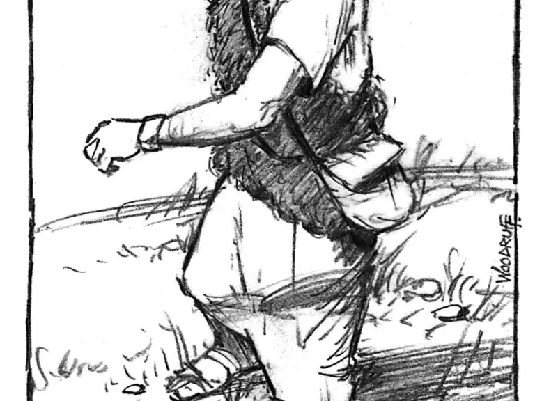 David slung the stone and struck the Philistine in his forehead, and he fell on his face to the earth. Illustration of David using a slingshot.