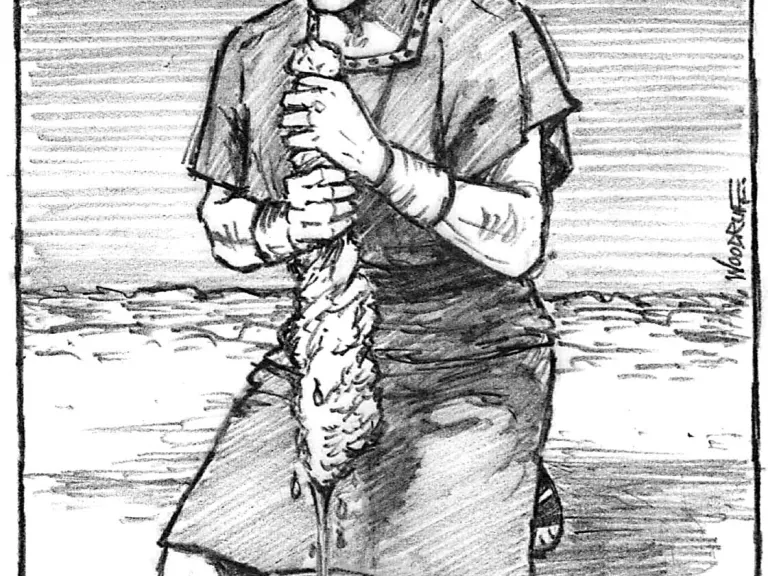 Gideon first requested that, when he left the wool of a sheep out overnight on the threshing floor, God would allow the dew to moisten only the wool, leaving the surrounding ground dry. God did as Gideon requested. Illustration of Gideon squeezing the dew out of piece of wool.
