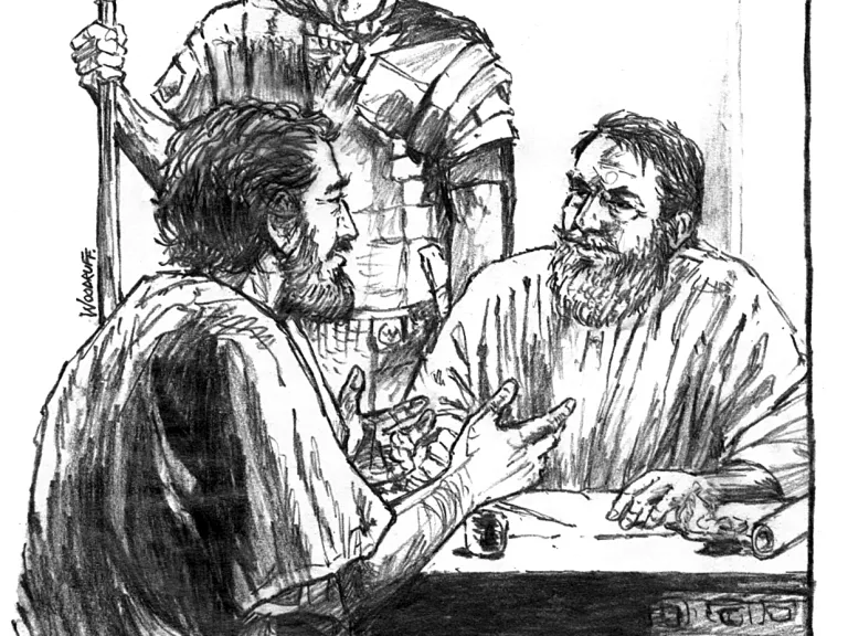 During those long days while Paul was under house arrest, Luke no doubt took every opportunity to record many earlier stories and personal accounts, setting them down for all time in the book of Acts. Illustration of Luke talking to Paul