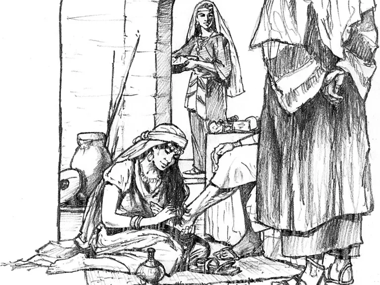 “Then Mary took...costly oil of spikenard, anointed the feet of Jesus, and wiped His feet with her hair. And the whole house was filled with the fragrance...” Illustration of Mary and Martha