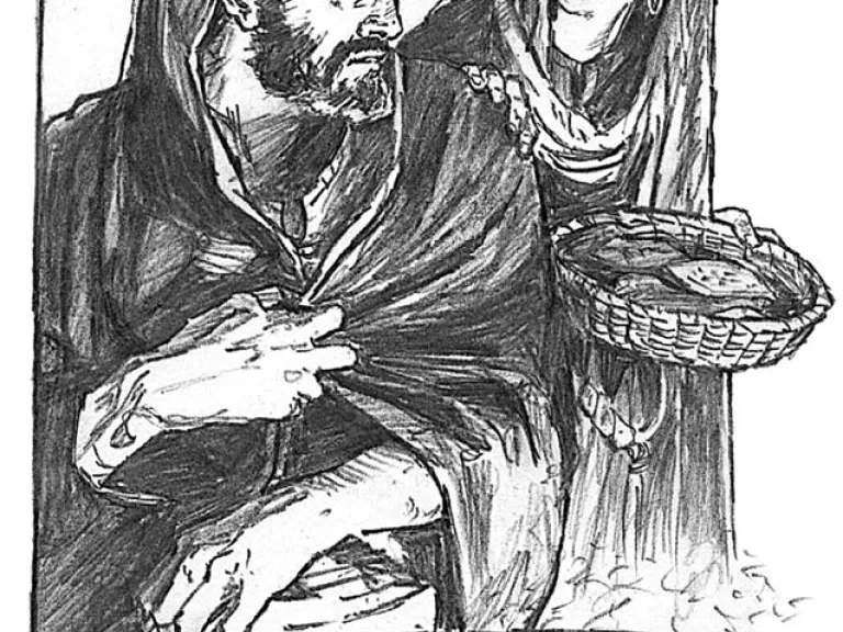 “And a servant girl came to Peter, saying, ‘You also were with Jesus of Galilee.’ But he denied it before them all, saying, ‘I do not know what you are saying.’” Illustration of Peter denying Christ.