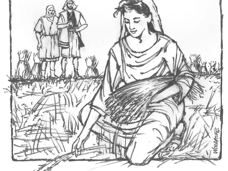God guided Ruth to the field of Elimelech’s kinsman, Boaz, a man of good character. Illustration of Ruth picking grain.
