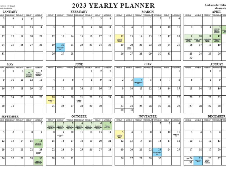 Ambassador Bible College Magnetic Yearly Calendar United Church of God