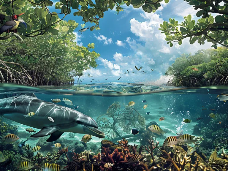 a body of water with a dolphin and fish with trees and sky overhead
