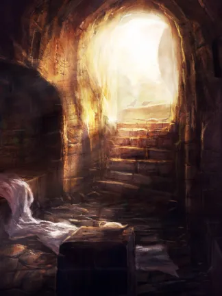 artwork of a cave with steps up to an opening filled with light