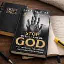 The book "Stop, in the Name of God" laying on a table with a Bible and notebook.