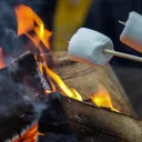 two marshmallows on sticks over a campfire