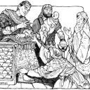 Illustration of Solomon with the two women and baby.