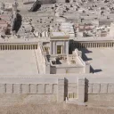 A model of Herod's Temple adjacent to the Shrine of the Book exhibit at the Israel Museum, Jerusalem.