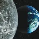 A photo of the Earth and moon from space.