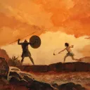 Artist illustration of David and Goliath fighting.