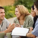 A group of people talking.