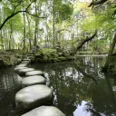 Peldaños de piedra sobre un pequeño estanque.