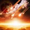 Artist illustration or meteor show with the moon in the background.