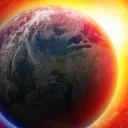 The earth from space with a red/orange glow in the background.