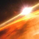 An image from space of sun (star) rays over a planet.