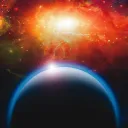 Ilustração artística de um planeta e de um campo estelar.