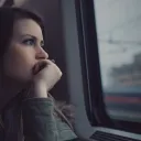 A woman looking out of a window on a commuter train.