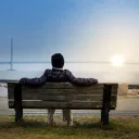 A person sitting on a bench overlooking a large bridge spanning a big body of water.