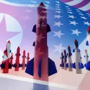 Photo illustration of missiles, the North Korean flag and the United States flag.