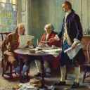Artist rendition of Benjamin Franklin, John Adams and Thomas Jefferson drafting the Declaration of Independence.