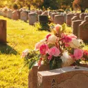 Headstones and flowers at a cemetery.