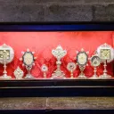 Relics in glass case.