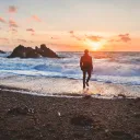 A person walking by water at sunset.