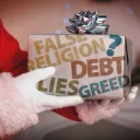 A Santa Claus holding a gift.