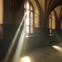 Sun rays shining through the windows of an old church.