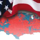 Artist illustration of American flag on top of US map of "red" and "blue" states.