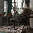 a desk and chair in a deteriorated room with the floor covered in old papers