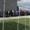 A line of Syrian refugees crossing the border of Hungary and Austria on their way to Germany.